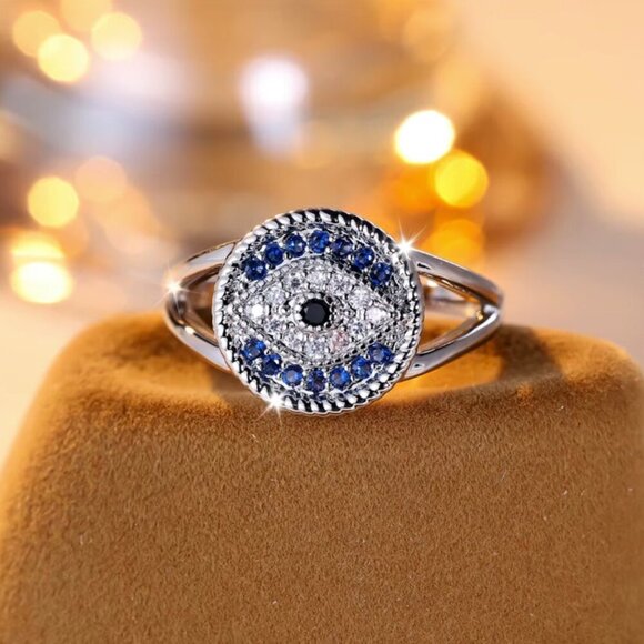 NEW 14k White Gold Blue Sapphire Evil Eye Diamond Ring - Picture 3 of 9